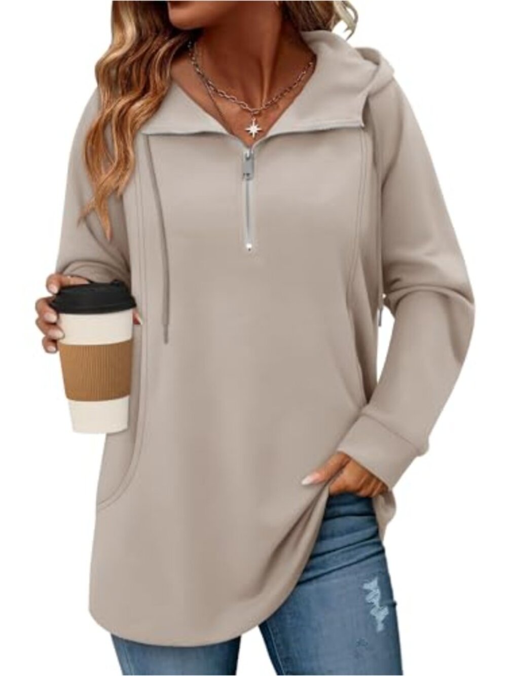 Quarter Zip Oversized Drawstring Hoodie Loose Fit Long Sleeve Pullover